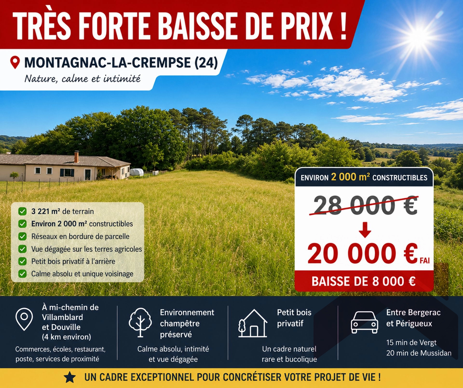 Montagnac-la-Crempse – Terrain constructible, nature et intimité