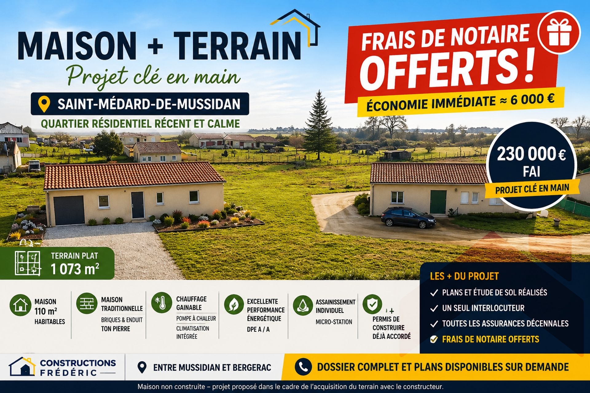 🏡 Maison  110 m² –  Saint Médard de Mussidan Frais de notaire OFFERTS