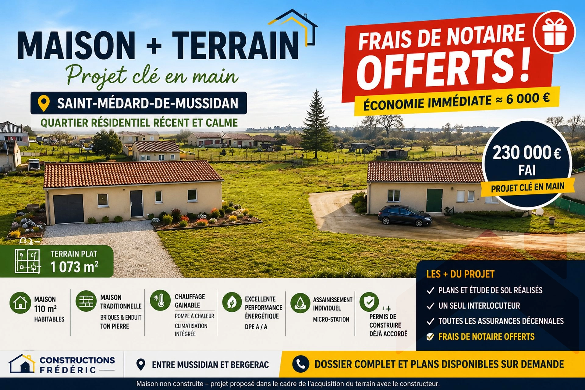 🏡 Maison  110 m² –  Saint Médard de Mussidan Frais de notaire OFFERTS