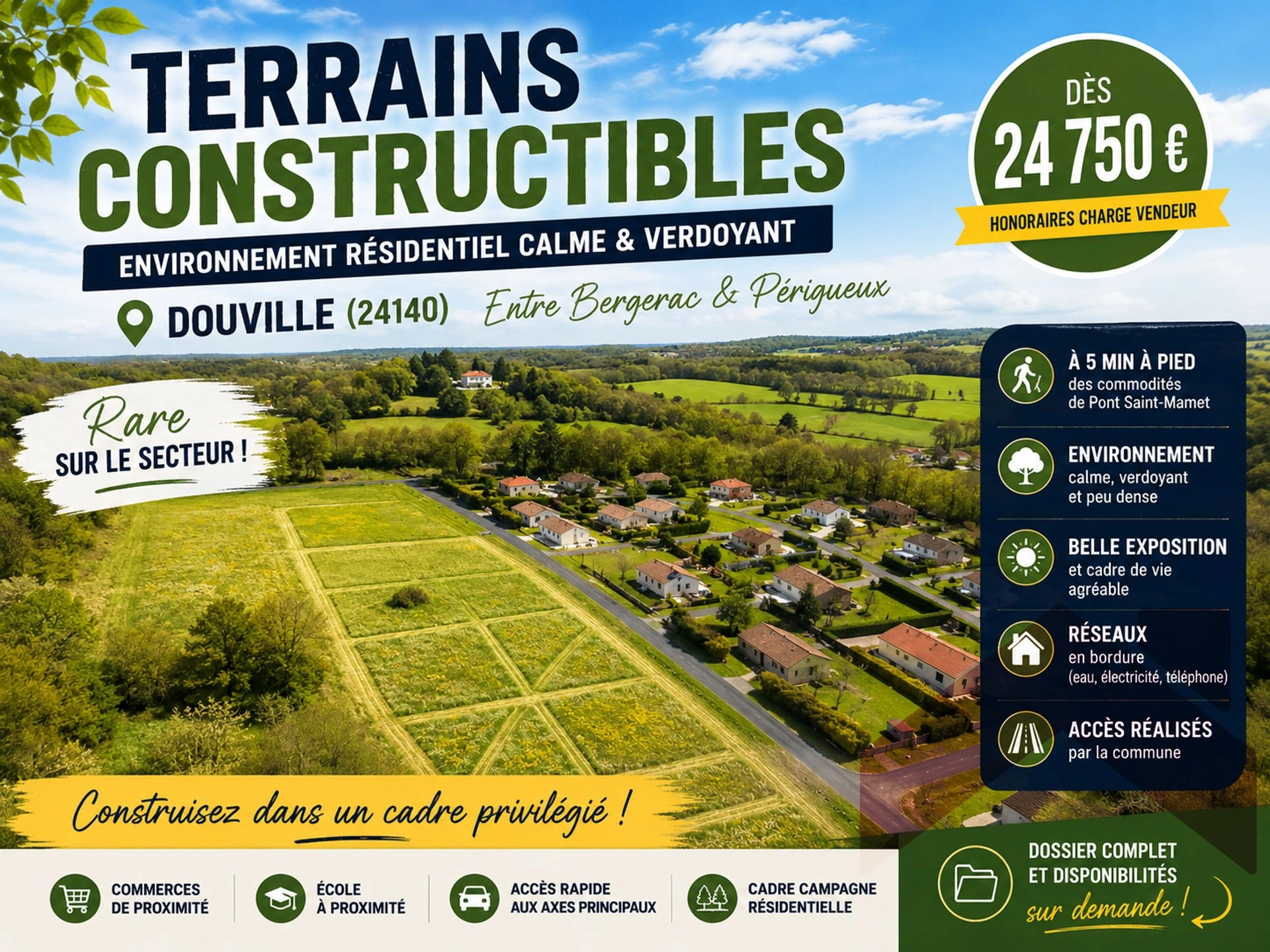 Douville: Terrains à bâtir au calme – à pied des commodités – dès 24 750 €