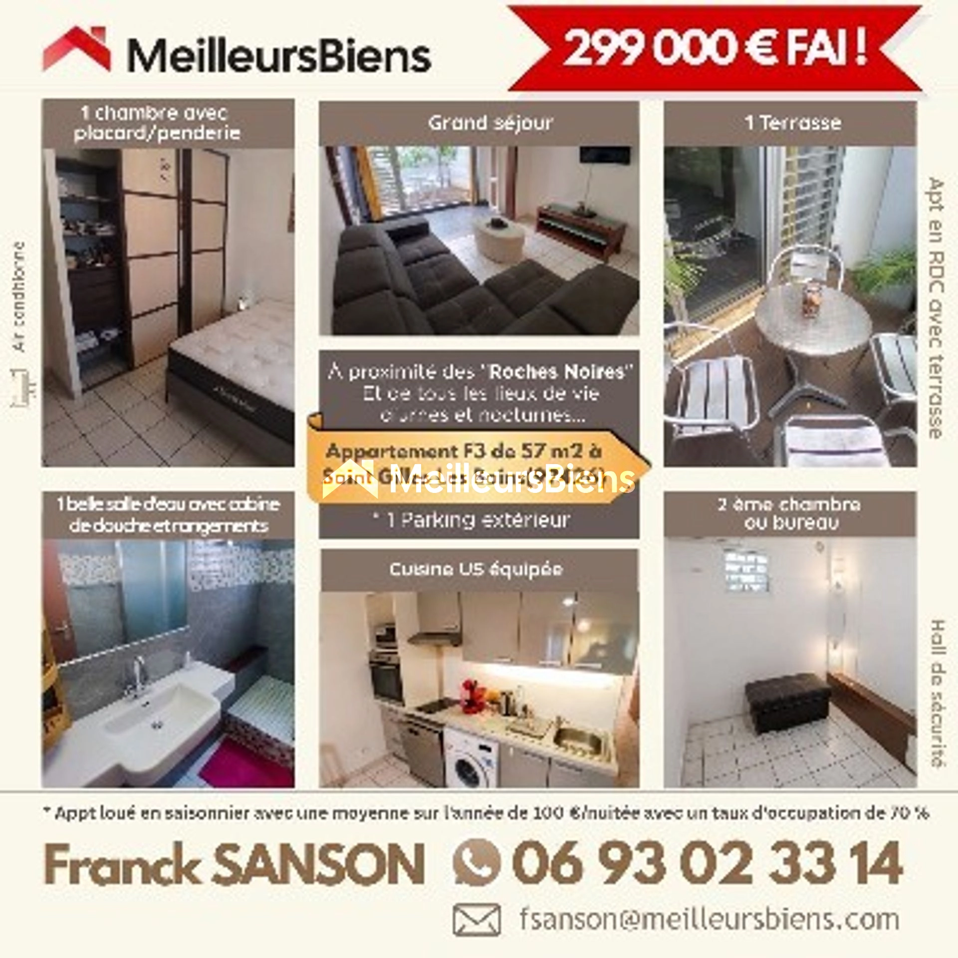 Appartement T2/T3 de 57 m² Saint Gilles les Bains (prox. Roches Noires)