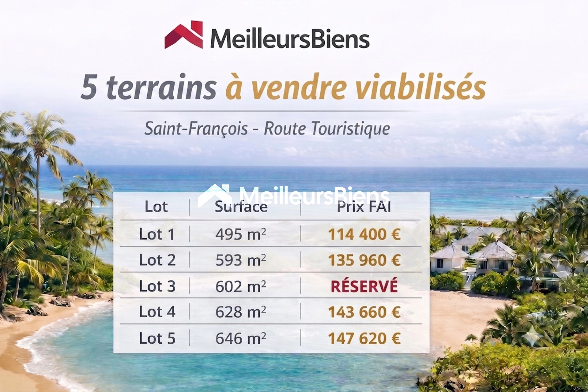 Terrains viabilisés à Saint-François, 5 lots de 495 à 646 m²