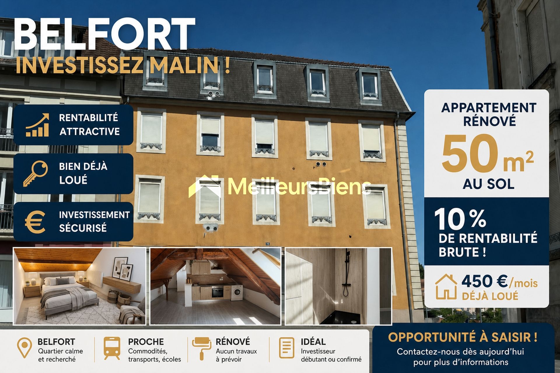10 % de rentabilité brute ! Appartement rénové de 50 m² au sol, déjà loué 450 €/mois